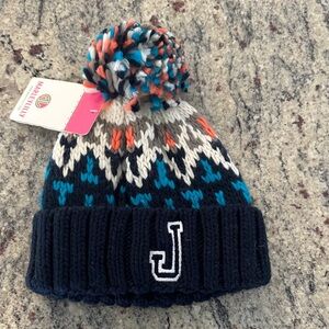 Kids' Knit Pom-Pom “J” Beanie - Navy and Multicolor